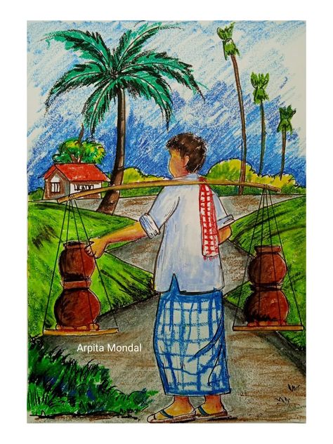 Oil Pastel Village Scene, Composition Painting For Class 12, Kids Scenery Drawing, Village Scene Drawing Paintings, Village Scene Drawing Easy, Subject Drawing, Village Scene Drawing, Scenery Drawing For Kids, Easy Scenery Drawing