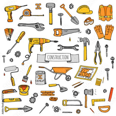 Stylized Building, Shovel Art, Illustration Building, Isolated Icons, Nails Cartoon, Modern Sketch, Farewell Card, Doodle Wall, House Repair