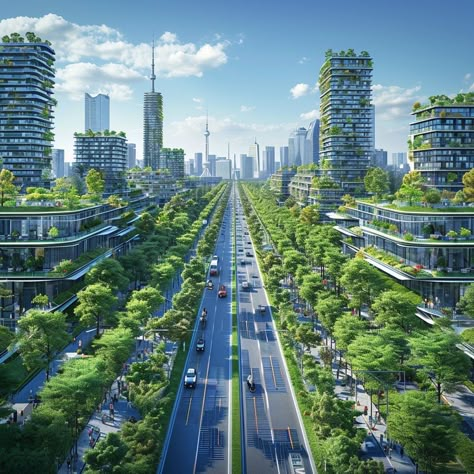 Urban Green Integration: Futuristic cityscape with lush greenery blending with high-rises under a clear blue sky. #city #green #futuristic #architecture #high-rises #aiart #aiphoto #stockcake ⬇️ Download and 📝 Prompt 👉 https://ayr.app/l/utRM Green City Aesthetic, Futuristic Green City, Green Futuristic, City Reference, Green Cities, Futuristic Landscape, Futuristic Cityscape, City Tree, Floating Architecture