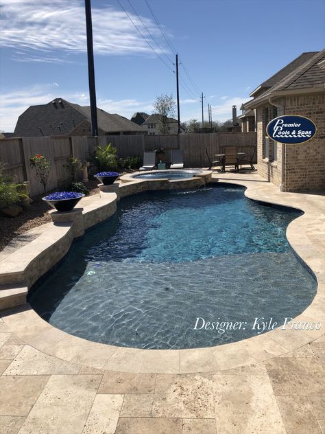 Pool With Spa And Sun Shelf, Pool Upgrades, Travertine Pool Deck, Unique Pools, Florida Lanai, Freeform Pool Designs, Travertine Pool Decking, Travertine Deck, Grotto Pool