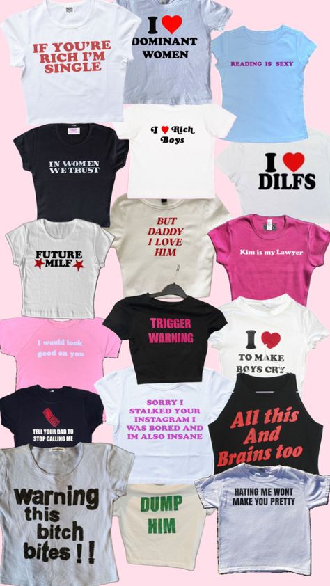 #y2k #babytee #outfitinspo Tshirts Ideas For Women, Diy Shirt Ideas Vinyl Funny, Y2k Shirt Sayings, Y2k Shirts Design, Baddie T Shirts, I ❤️ Shirts, Diy Baby Tee Ideas, Baby Tee Funny, Funny Graphic Tees For Women