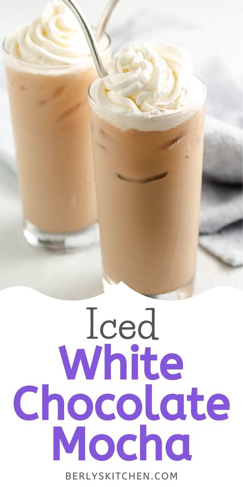 Two glasses of iced white chocolate mocha topped with whipped cream. Iced Coffee With Syrup Recipe, Coffee Recipes With Syrup, Simple Iced Coffee Recipe, White Chocolate Syrup For Coffee, White Mocha Coffee Recipe, White Chocolate Mocha Coffee Recipe, White Chocolate Coffee Syrup, White Chocolate Coffee Recipe, Javy Recipes