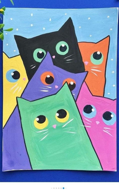 Painting Cats Easy, Cute Cat Painting Easy, Easy Cat Painting, Cat Painting Easy, Color Markers Art, فنسنت فان جوخ, Diy Chat, Kids Canvas Painting, Winter Art Lesson