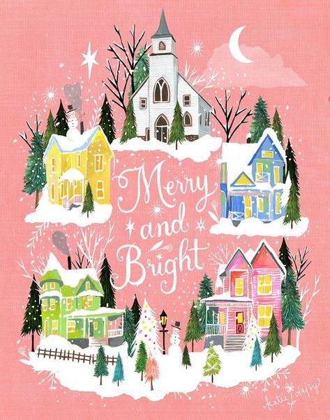 Merry and Bright Village Holiday Wall Art by Katie Daisy | Etsy Katie Daisy, Holiday Wall Art, Whatsapp Wallpaper, Acrylic Artwork, Noel Christmas, Merry Little Christmas, Vintage Christmas Cards, Christmas Illustration, Christmas Aesthetic