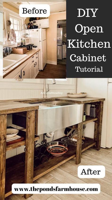 Before and After Tiny House Kitchen Remodel with open kitchen cabinets no doors. Kitchen With No Cupboards, Open Bottom Kitchen Cabinets Ideas, Kitchen Sink Cabinet Ideas Diy, Kitchen With No Lower Cabinets, Kitchen Without Cupboards, Open Cubords Ideas Kitchen, Open Face Cabinets Kitchen, Diy Kitchen Base Cabinets, Open Bottom Kitchen Cabinets