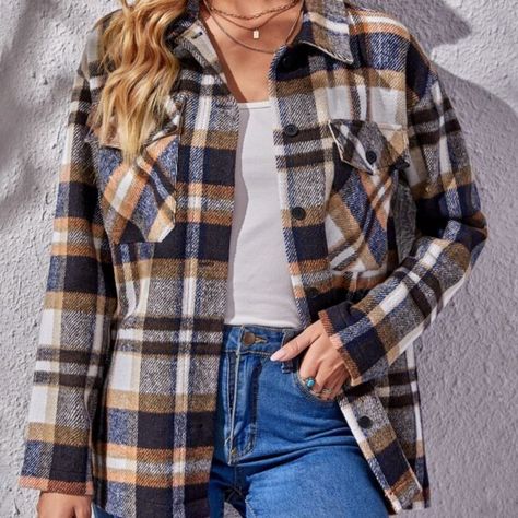 Btfbm Boutique Shacket Jacket Tan/Brown/Orange Plaid Flannel Design Button Front Long Sleeves Flap Pockets On Chest Collared Relaxed Fit Smoke/Pet-Free Home Measurements Are Approx: Armpit To Armpit: 19" Shoulder To Hem: 25.5" *0365-C Condition: New With Tags Tags: Fall, Earth Tones, Casual, Warm, Layered, Layering, Jamboree, Chic, Stylish, Trendy, Western, Ranch, Country, Gorpcore Autumn Clothes, Christian Outfits, Breast Shirt, Long Sleeve Outerwear, Casual Long Sleeve Shirts, Casual Vest, Fall Clothes, Loose Shirts, Inspiration Mode