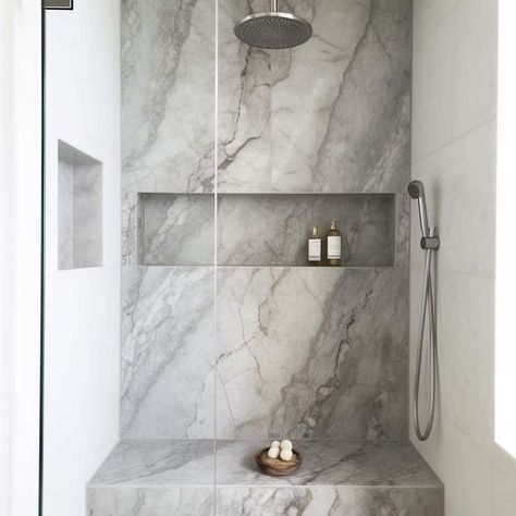 Master Bath Niche Ideas, Full Wall Shower Niche, Shower Niche On Same Wall As Shower Head, Rectangular Shower Niche, Wide Shower Niche Ideas, Marble Tile Shower Niche, Deep Shower Niche, Long Niche Bathroom, Long Horizontal Shower Niche