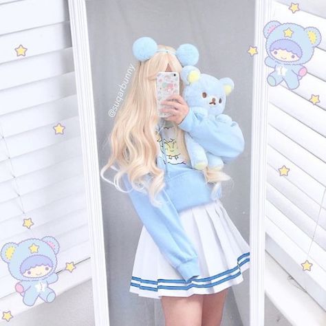 Cosplay Wig, Long Curly, A Girl, Wattpad, Blue, White, Kawaii