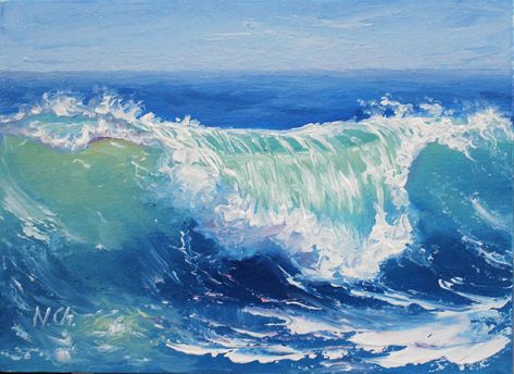 Wave oil painting it's original art with Impressionist technique, colorful small seascape wall art.   You can see more seascape paintings here: https://www.etsy.com/shop/OilPaintingChernous ✅ Title: Frisky Wave   ✅ SIZE: 5x7inch ✅ Oil, panel ✅It is not a print, and you can feel, that in every brushstroke I convey the exciting movement of the waves. ✅ MADE TO ORDER This ocean painting is sold. But if you liked it, I can repeat it. This is completely handmade, so slight deviations are possible. Wh Painting Ocean Waves, Wave Oil Painting, Beach Landscape Painting, Ocean Wave Painting, Ocean Paintings, Waves Painting, Ocean Waves Art, Ocean Waves Painting, Ocean Wall Decor