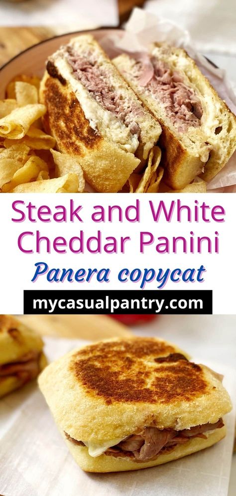 It couldn't be easier to recreate this Panera steak and white cheddar panini at home. Crusty bread, tangy horseradish sauce, and pickled onions take this steak and cheese from ordinary to extraordinary. Roast Beef And Cheddar Panini, Steak And Cheddar Sandwich, Steak And Cheese Panini, Steak Panini Recipes, Recipes With White Cheddar Cheese, Panera Steak And White Cheddar Panini, Copycat Panera Sandwich Recipes, Panera Panini Recipes, Beef Panini Recipes