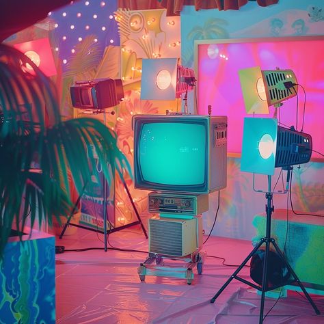 📺 Programming 📺 . . . . . . . . . . #vaporwave #midjourney #aiartcommunity #aiart #retroart #alternatehistory #1960s #afilmcosmos #pastelaesthetic #nostalgia #retroart #dreamyaesthetic #filmphotography #dreamcore #whimsigoth #whimiscal #dreamcore #tvshows #pastelaesthetic #barbieaesthetic #weirdart #technicolor Colorful Liminal Space, Toyhouse Icons, Technicolor Aesthetic, Vaporwave Nostalgia, Vaporwave Photography, Aquarius Aesthetic, Architect Design House, Kid Pool, Neon Aesthetic