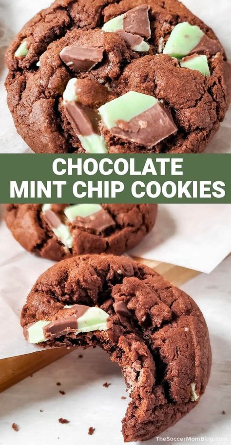 These decadent Chocolate Mint Chip Cookies are chewy and fudge-y, with Andes mint pieces baked into the batter. And they're easy to make with a box cake mix! Chocolate Andes Mint Cookies, Andes Mint Cake Mix Cookies, Chocolate Cookie Recipes Easy, Mint Chip Cookies, Mint Chocolate Desserts, Andes Mint Cookies, Mint Chocolate Cake, Mint Chocolate Chip Cookies, Fudge Flavors