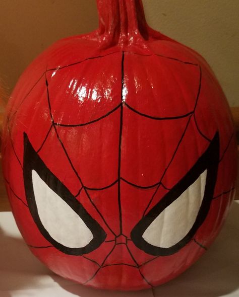 Superhero Painted Pumpkins, Things To Paint On Your Pumpkin, Pumpkin Painting Marvel, Halloween Pumpkins Paint, Miles Morales Pumpkin Painting, Cute Punkin Painting Ideas Easy, Pumpkin Faces Ideas Cute Painted, Pumpkin Decorating Paint Simple, Super Hero Pumpkin Painting