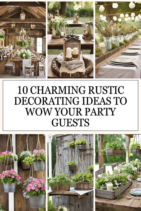 Looking to throw a party that feels warm and welcoming? Check out these 10 rustic decorating ideas that will add charm and coziness to any gathering. From DIY mason jar lights to rustic table settings, these easy and creative tips will make your event one to remember. Get inspired and bring that rustic vibe to your next celebration! Rustic Bride And Groom Table Ideas, Rustic Table Centerpieces Wedding, Farm To Table Decor, Table Settings Rustic, Country Chic Party, Rustic Table Settings, Rustic Decorating Ideas, Rustic Wedding Table Setting, Rustic Decor Ideas