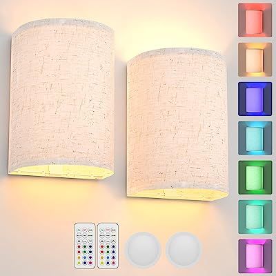 Battery Operated Wall Sconce Magnetic Wireless Lamp RGB Colors Dimmable with Fabric Linen Shade and Remote, Lighting Decor Set of 2 for Bedroom Living Room Hallway Battery Operated Wall Sconces, Hal Decor, Puck Lights, Wall Lamps Bedroom, Magnetic Wall, Dimmable Lamp, Wall Fixtures, Wall Decor Set, Wall Fans