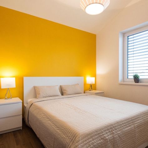 Bedroom Wall Colour Combination, Yellow Walls Living Room, Beautiful Bedroom Colors, Yellow Bedroom Decor, Room Color Combination, Wall Color Combination, Indian Bedroom Decor, Living Room Wall Color, Bedroom Color Combination