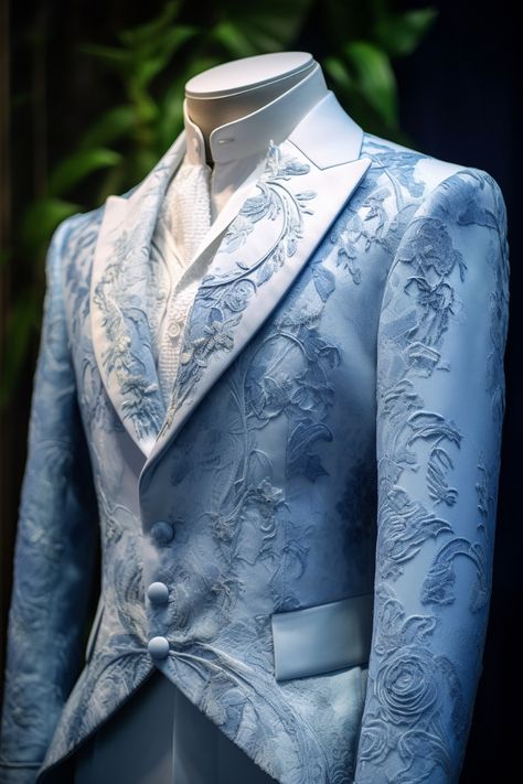 Water lily inspired suit Water Themed Outfits Male, Wedding Suit Aesthetic, Ethereal Suit, Blue Suit Aesthetic, Masquerade Suit, Graduation Suit, Fancy Suits, Prince Suit, Light Blue Suit