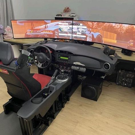 Car Guy Room Ideas, Car Bedroom Ideas For Boys, Racing Simulator Setup, Home Cockpit, Boys Car Bedroom, Playstation Room, Diy Pool Table, Gaming Storage, Studio Room Design