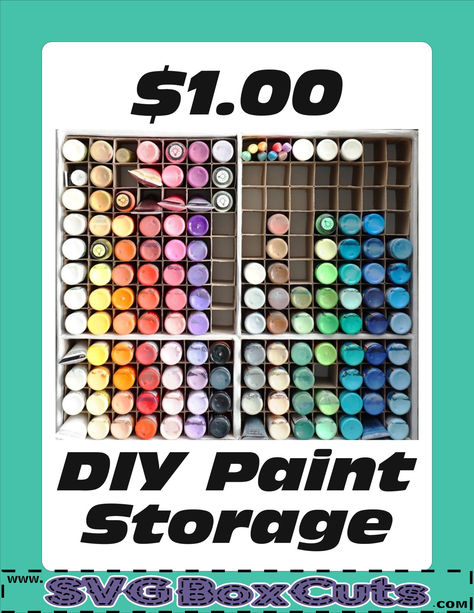 Tutorial demonstrating how I created a paint storage system using a $1 SVG Box Template, scrap cardboard, adhesive and decorative paper. Art Paint Storage, Diy Paint Bottle Storage, Acrylic Paint Storage Diy, Craft Paint Storage Ideas Dollar Stores, Craft Paint Storage Diy, Stencil Storage Ideas, Painting Organization Ideas, Acrylic Paint Storage Ideas Diy, Diy Paint Organizer