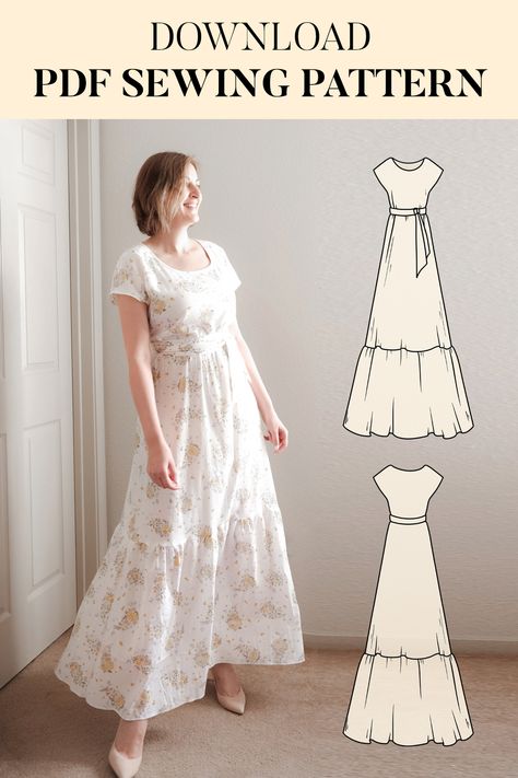 Women Dress Pattern Free, Maxi Dress With Sleeves Pattern, Easy Maxi Dress Pattern Free, Maxi Sewing Pattern, Diy Boho Dress Pattern, Maxi Stitching Ideas, Prairie Dress Sewing Pattern, Pdf Dress Pattern Women, Download Free Pdf Sewing Patterns Dress