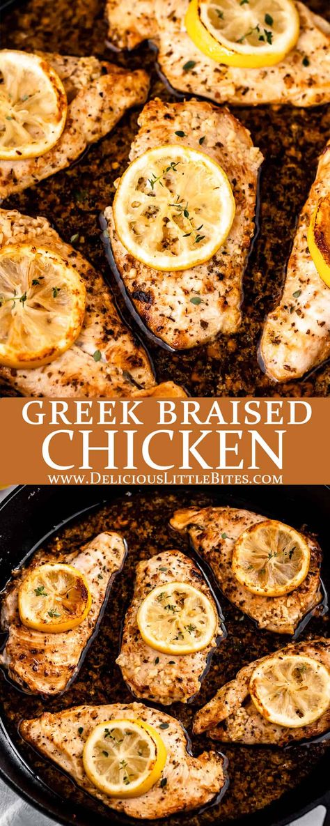 Braised Greek Chicken Breasts is an easy recipe that pairs beautifully with just about any side dishes you can imagine. It's made with simple, flavorful ingredients, like lemon, garlic and oregano, and is sure to be a family favorite. | #chicken #braisedchicken #greekchicken #lemonchicken #chickenrecipes Mediterranean Chicken Recipes Skillet, Greek Garlic Chicken, Greek Chicken Oven, Greek Chicken Recipes Skillet, Greek Chicken Breast Recipes, Mediterranean Chicken Breast Recipes, Low Fat Chicken Breast Recipes, Baked Boneless Skinless Chicken Breast, Mediterranean Diet Chicken