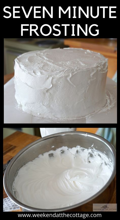 Cake iced with snow-white light and fluffy dairy-free frosting. Easy-to-make bowl of seven minute frosting ready to decorate a cake or cupcakes Best Icing Recipe For Cake, Icing For White Cake, Icing For Cakes Recipe, White Cake Icing Recipe, Icing For Cakes Easy, Egg White Frosting Recipe, Frosting With Egg Whites, Egg White Frosting Easy, Egg White Icing Recipe