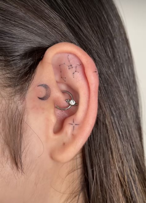 Dainty Ear Tattoos, Sideburn Tattoo Women, Earring Tattoo, Ear Lobe Tattoo, Tragus Tattoo, Ear Tattoo Inner, Symmetrical Tattoos, Ear Tats, Inner Ear Tattoo