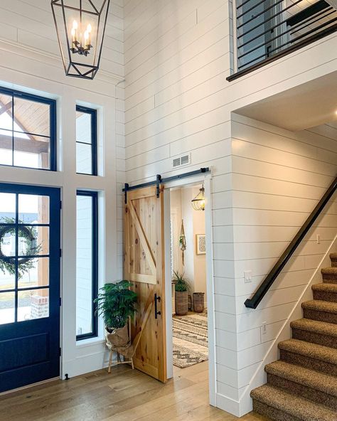 Farmhouse Shiplap Walls, Black Entrance Door, Carpeted Staircase, Black Entrance, Farmhouse Accent Wall, Shiplap Bathroom Wall, Shiplap Entryway, Wood Shiplap Wall, Farmhouse Shiplap