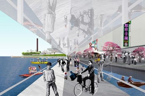 OMA's Arts District Master Plan Unveiled,Waterfront promenade, Middle Village © OMA Oma Masterplan, Waterfront Promenade, Urban Playground, Harvard Graduate, Art District, The Graduate, Architecture Rendering, Diagram Architecture, Arts District