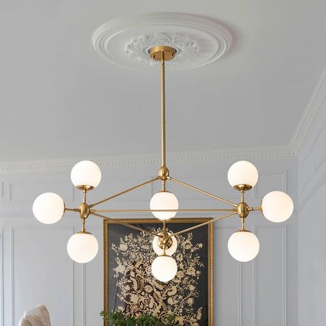 Round Glass Chandelier, Hallway Lighting Ideas Ceilings, Glass Globe Chandelier, Statement Light Fixture, Bubble Chandelier, Mid Century Modern Lighting, Geometric Frame, Glass Globes, Geometric Chandelier