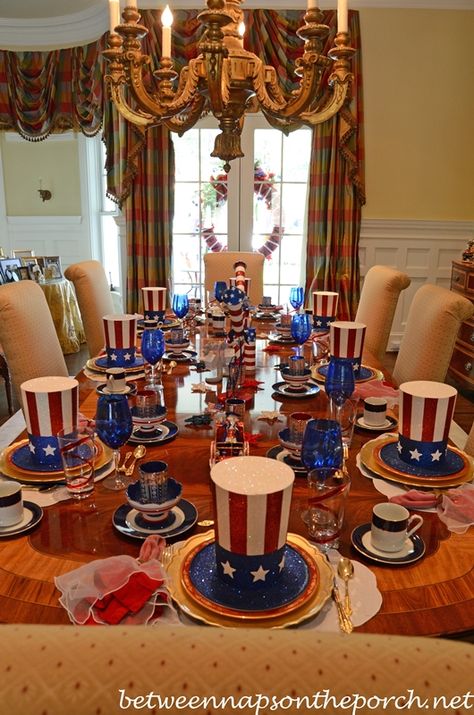 4th of July Table Setting Tablescape in Red, White & Blue Tables Centerpieces, Pretty Table Settings, Festive Table Setting, Fourth Of July Decorations, Party Table Settings, Fourth Of July Decor, Cozy Spaces, July Decor, Beautiful Table Settings