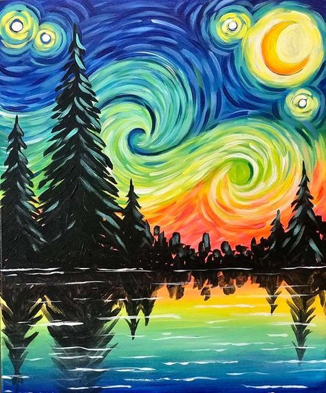 Paintings Simple, Easy Landscape, Night Lake, Easy Landscape Paintings, Starry Night Art, Easy Canvas Painting, Simple Acrylic Paintings, Night Painting, Easy Ideas