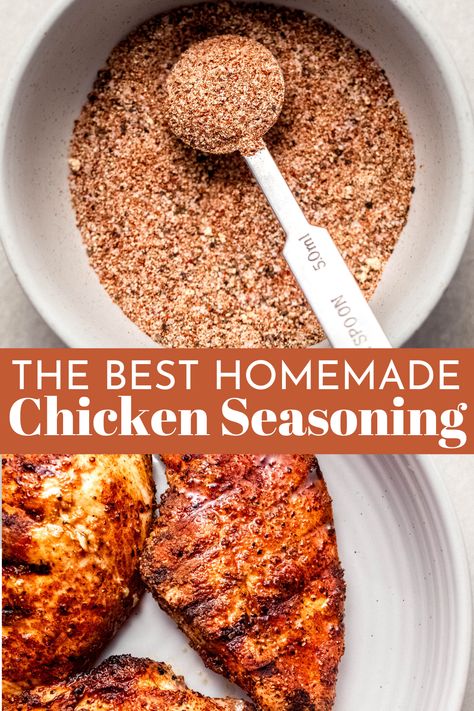 This 6-ingredient chicken seasoning mix is the secret to the best-tasting chicken! Easy to make with simple savory-smoky spices, it’s perfect for chicken breasts, thighs, drumsticks, wings, and more. Best Chicken Seasoning Spices, Healthy Chicken Seasoning Recipes, Seasoning Blend For Chicken, Spice Mix For Chicken, Best Seasoned Chicken, Best Ways To Season Chicken, Grilled Chicken Spices, Savory Chicken Seasoning, Best Grilled Chicken Seasoning