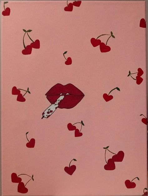 Heart Cherry Painting, Pink And Red Canvas Painting, Cute Cherry Painting, Red Easy Paintings, Heart Canvas Painting Ideas Easy, Easy Heart Paintings On Canvas, Easy Valentine Canvas Painting Ideas, Easy Cherry Painting, Valentine Paintings On Canvas Easy