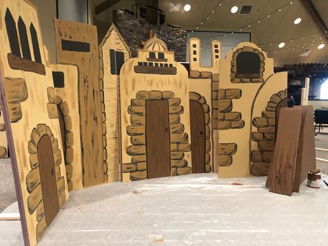 Cardboard Stage Props, Vbs Town Of Bethlehem Scenery, Diy Nativity Play Props, Bethlehem Stage Design, Home Town Nazareth Vbs, Play Props Stage Design, Christmas Play Stage Design, Bible Party Decorations, Bethlehem Inn Stage Prop