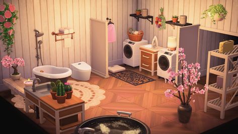 Bathroom Idea Animal Crossing, Bathroom Design Animal Crossing, Animal Crossing Washroom, Acnh House Ideas Bathroom, Animal Crossing House Interior Ideas Bathroom, Acnh Washroom Ideas, Bedroom Animal Crossing Ideas, Acnh Interior Designs Bathroom, Room Ideas For Animal Crossing