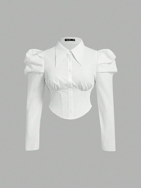 Blusa de talla grande blanca estilo vintage estilo palaciego con manga de pata de cordero de mangas cortas Blanco Elegante  manga larga Tela tricotada Liso Camisa No-Elástico  Women Plus Clothing, size features are:Bust: ,Length: ,Sleeve Length: Vintage Palace, Mutton Sleeve, Character Details, Leg Of Mutton Sleeve, Plus Size White, Plain Shirt, Clothing Design, Plain Shirts, White Shirt Dress