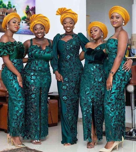 Lace Bridesmaid Dresses Ghana, Yoruba Bridesmaid Dresses, Latest Aso Ebi Styles 2023, Simple Nigerian Wedding Guest Outfit, Traditional Bridesmaid Dresses African, Emerald Green Asoebi Lace Styles, Asoebi Lace Styles For Wedding, Nigerian Bridesmaid Dresses, Emerald Green Lace Dress