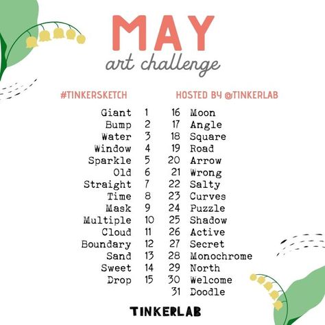 May Art Challenge, Word Prompts, Kids Sketchbook, Sketchbook Prompts, Daily Sketchbook, May Art, 30 Day Art Challenge, Art Journal Challenge, Sketchbook Challenge