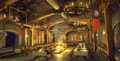 Imgur: The most awesome images on the Internet Viking Hall, Mead Hall, Viking House, Games Design, Dining Hall, Fantasy City, Fantasy Setting, Fantasy Places, Art Fantasy