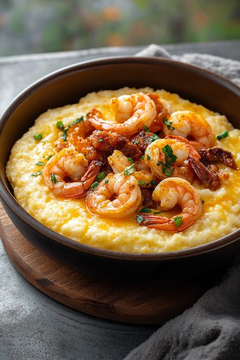 Have a flavorful Cajun shrimp and grits meal on the table in just 30 minutes! Easy, creamy, and loaded with crispy bacon and cheesy goodness. Shrimp And Grits With Sausage, Healthy Shrimp And Grits, Shrimp And Cheese Grits, Cajun Shrimp And Grits, Trendy Recipes, How To Cook Grits, Shrimp N Grits Recipe, Christmas Meals, Eating Fresh