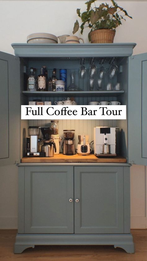 Tv Stand Turned Into Coffee Bar, Coffee Bar Out Of Tv Cabinet, Kitchen Coffee And Wine Bar, Coffee Dresser Bar, Tea Bar In Bedroom, Pantry Turned Coffee Bar, Coffee Bar Cabinet Diy, Standalone Coffee Bar, Thrifted Coffee Bar