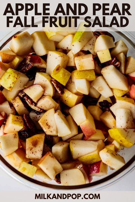 Made with crispy apples, sweet pears, pecans, dried cranberries, and topped with a maple-lemon syrup, this Fall Fruit Salad has all the autumn flavors you crave when the temperature starts to drop. #fruitsalad #fallfruitsalad Fruit Salad With Pears, Fall Fruit Side Dishes, Fruit Salad With Apples, Paleo Fruit Salad, Fruit Salad For A Crowd, Fall Fruit Salad, Salad For A Crowd, Pizza Fruit, Winter Fruit Salad