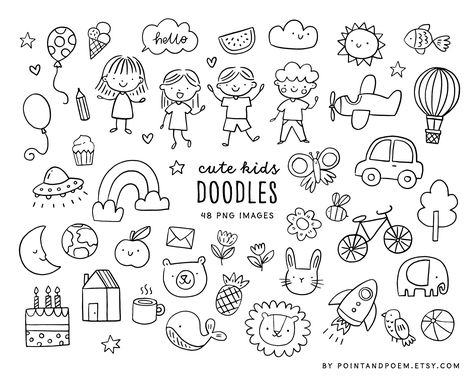 Doodle Clipart Hand Drawn, Cute Scrapbook Doodles, Cute Fun Doodles, Cute Black And White Doodles, Cute School Doodles, Preschool Doodles, School Doodles Drawings Aesthetic, Cute Illustrations Doodles, Back To School Doodles Easy