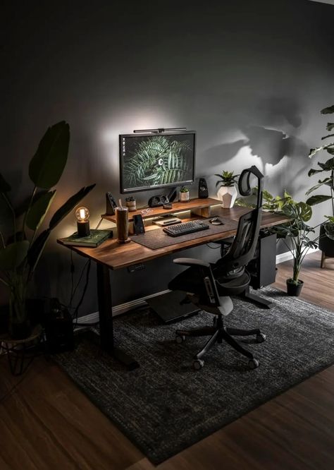 Dark Cozy Desk Setup, Black Desk Office Decor, Black Desk Setup, Masculine Desk, Wooden Study Desk, Desk Board, Dark Office, Black Desk Office, Office Vibes