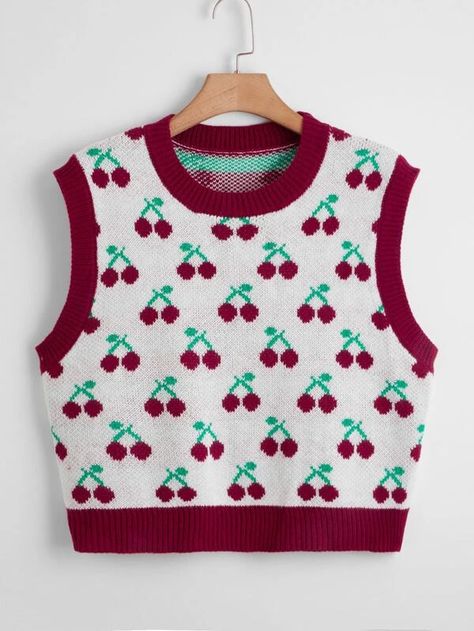 Plus Cherry Pattern Sweater Vest | SHEIN USA Cherry Outfit Aesthetic, Fruit Outfits, Pattern Sweater Vest, Cherry Sweater, Cherry Shirt, Plus Size Knitwear, Silly Clothes, Plus Zise, Lesbian Fashion