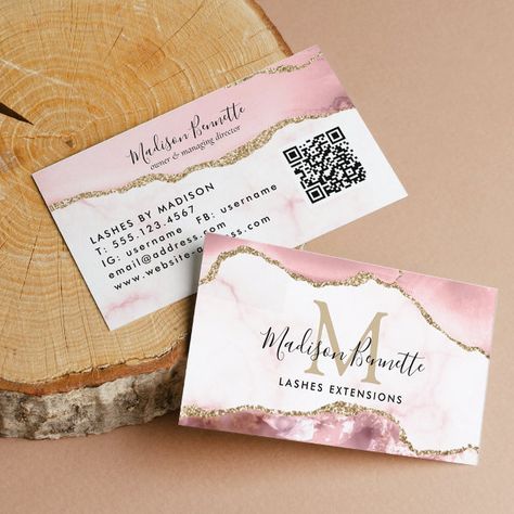 Blush Pink Gold Glitter Agate Monogram QR Code Business Card Business Card Design With Qr Code, Business Card With Qr Code And Logo, Business Cards With Gold Foil, Pink And Gold Business Cards, Gold Foil Business Cards, Glitter Business Cards, Qr Code Business Card, Hair Business Cards, Beauty Business Cards