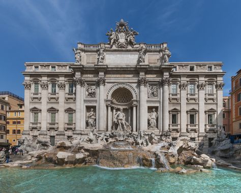 Toss a coin into the Trevi Fountain, which depicts classical figures in sumptuous detail. This example of late Baroque, or almost even Rococo, architecture, is lighter in many ways. It's not as formal as earlier Roman Baroque architecture, as it conveys its grandeur less strictly with more free-flowing opulence. Cultural Architecture, Classical Architecture Exterior, Architecture Cool, Architecture Baroque, The Trevi Fountain, Architecture Antique, Famous Architecture, Roman Architecture, Famous Buildings