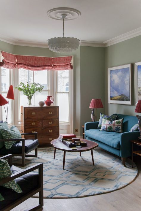 Green Wall Color, Green Living Room, Open Plan Living Room, Vintage Living Room, Living Room Green, Main Bedroom, West London, Formal Living Rooms, Guest Bedrooms