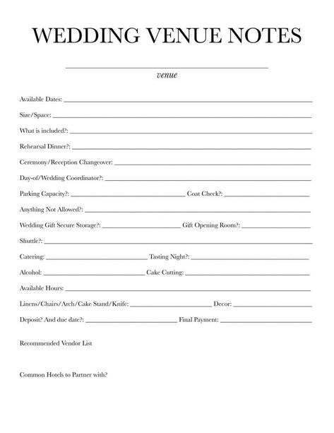 Conquer your wedding venue search with this downloadable, comprehensive worksheet! Print as many as you need to stay organized through every venue tour.  From available dates and space size to catering options and vendor recommendations, this two-page document helps you capture every essential detail.  Plus, a dedicated space for sketching the venue layout ensures you visualize the space perfectly.  Make informed decisions with ease. 
.#WeddingPlanning #BrideToBe #WeddingInspiration #EventPlanning #DreamWedding Wedding Contact Sheet, Wedding Planning Sheets, Wedding Planning Worksheets, Wedding Digital Planner, Wedding Planning Template Free Printable, Venue Comparison Worksheet, Wedding Planning 101, Wedding Planning Printables Free, Wedding Documents